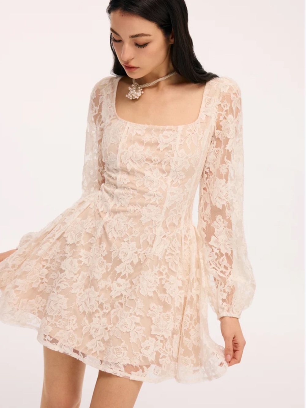 NWT Commense Ivory Lace Long-Sleeve Square-Neck Mini Dress